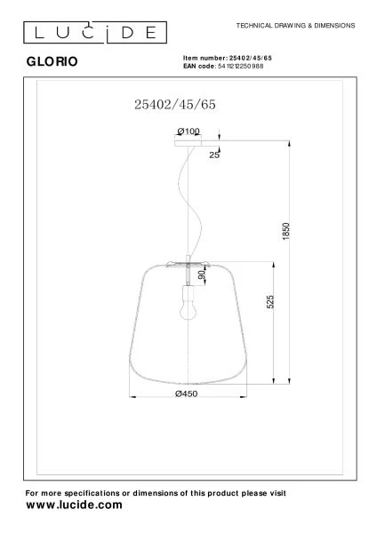Lucide GLORIO - Suspension - Ø 45 cm - 1xE27 - Noir - TECHNISCH